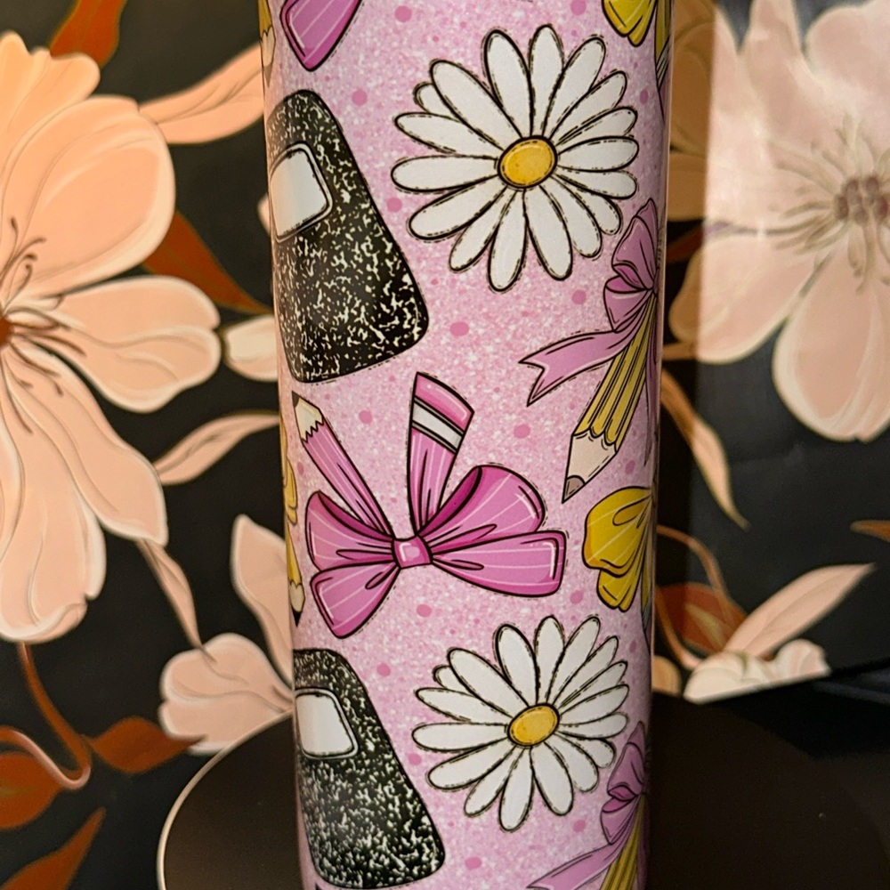 Teacher or student Pink Floral and Bow Patterned Tumbler green glow in the dark